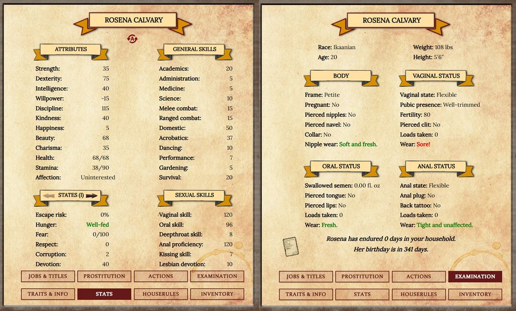 Rosena's starting stats