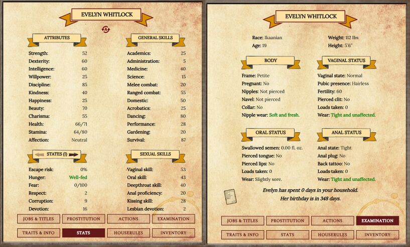 Evelyn's starting stats