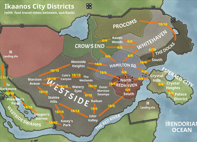 Ikaanos districts with foot travel times between