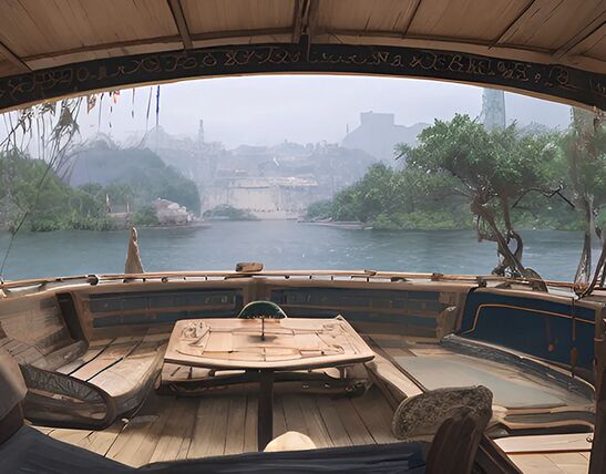 Approaching one of the cities around Prometheus Lake by sail